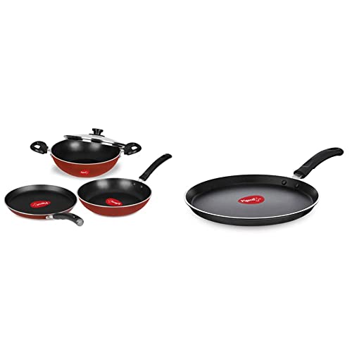Pigeon by Stovekraft Basics Induction Base Non-Stick Aluminium Cookware Set, Terracotta Brown & Special Non-Stick Aluminium Flat Tawa, 280mm, Black Combo