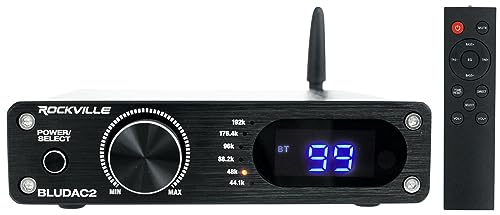 Rockville BLUDAC2B 75W x 2 Hi-Res 192K DAC Amplifier Home Bluetooth Receiver, Optical/Sub Out,...