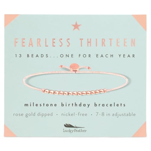 Lucky Feather 13 Year Old Girl Gifts | 13th Birthday Bracelet With Adjustable Cord & Message | 14k Gold Dipped Beads & Silver Rose Gold gifts for 13 year old girl | Trendy 13 birthday gifts