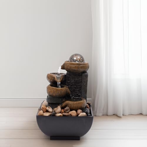 Tabletop Fountain Indoor Mini Waterfall 4-Tier Relaxation with Colored Lights and Rotating Bubble Ball