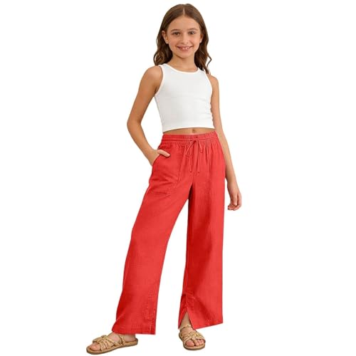 Image of Girls Linen Pants Wide Leg School Uniform Pants Cozy Elastic Waist Summer Casual Beach Lounge Trousers with Pockets