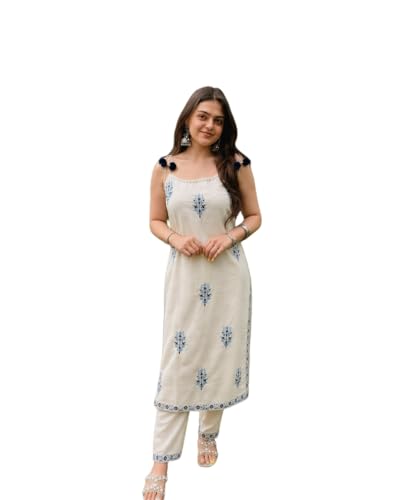 Image of Women's Embroidered Kurta Set, Off-White with Blue Floral Print, Sleeveless Strappy Kurta with Pom-Pom Detail and Matching Pants
