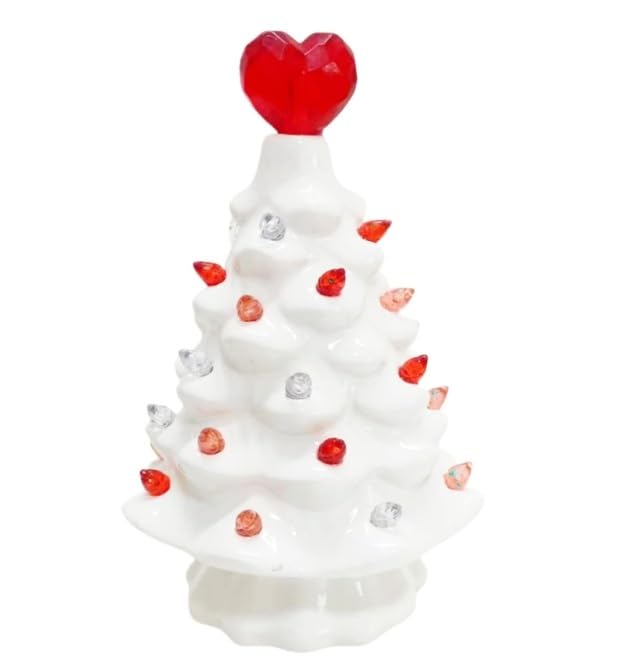 Árbol de mesa iluminado de corazón para el día de San Valentín, árbol de cerámica blanca de San Valentín con luces, árbol de cerámica del día de San Valentín de 6.3 pulgadas, para decoración del hogar