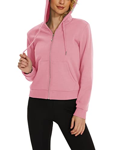 Magcomsen Womens Winter Jackets Micro Fleece Jacket Zip Up Hooded Tops Casual Crop Sweatshirts Plain Fall Sweatshirts Home Walking Running Hoodies Grey Pink #TOP3