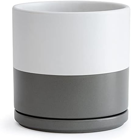 D'vine Dev 10 Inch Ceramic Planter Pot with Drainage Hole and Saucer, Indoor Cylinder Round Planter Pot, White/Speckled Grey, 94-O-L-6