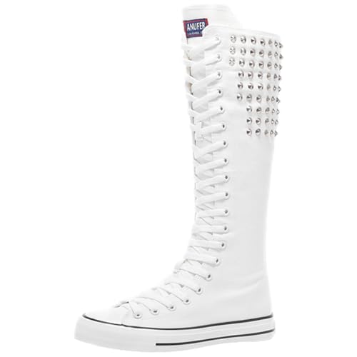 Image of ANUFER Women Fashion Canvas Dance Boots Knee High Bicycling Boots Girls Fancy School Shoes