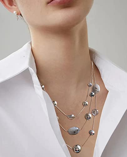 Fulu Autumn Silver Layered Necklace For Women Crystal Silver Beaded Sweater Strand Chain Necklaces Fashion Jewelry Gifts(Grey) #TOP6