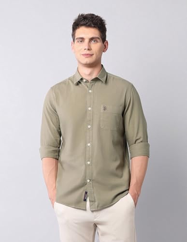 Image of U.S. Polo ASSN. Solid Slim Fit Shirts for Men - 100% Cotton, Full Sleeve Mens Casual Shirts