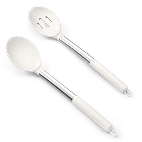 TeamFar Silicone Spoons, 2 Pcs Large Nonstick Kitchen Spoons, Heatproof Solid and Slotted Spoons for Cooking Mixing Serving Stirring, Healthy & Dishwasher Safe, White