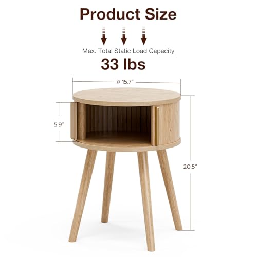 Image of Round Side Table with Sliding Doors, Modern End Table, Natural | 15.7 inchD x 20.5 inchH, Wood tapered legs, 33 lb capacity, ~30 min assembly