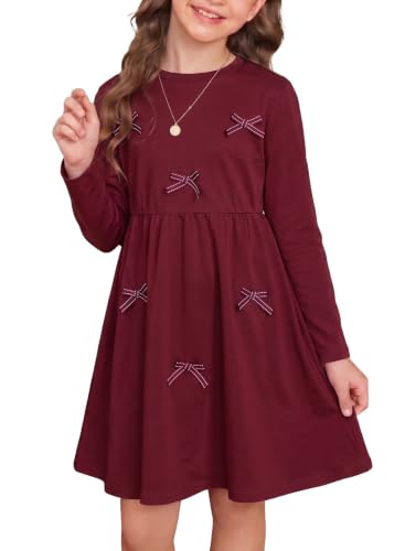 blibean Girls Fall Dresses, Bow Long Sleeve Dress, Burgundy, Size 12-13