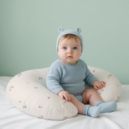 Image of Little Grape Land Muslin Nursing Pillow Covers 2 Pack, 100% Cotton Removable Breastfeeding Pillow Covers, Feeding Pillow Slipcovers for Baby Boys & Girls, (Fog Flower & Rosy)