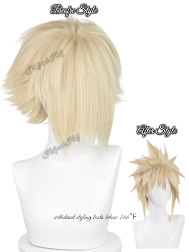 Image of Half and Half Short Blonde Anime Cosplay Wig for Men Blonde Game Male Wigs Fluffy Layered Hair Wig for Halloween Party Daily Costumes