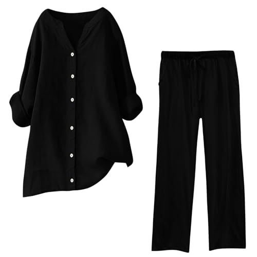 Ensemble Femme en Lin Tenue Chic Et Elegant Vetement Grande Taille Ete Jogging Hawaienne Tunique Pantalon Chemise Survêtements Haut Fluide Tenues Élégante Été...