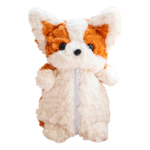 DimyFew Estojo de pelúcia em formato de cachorro, bolsa para lápis, bichinho de pelúcia, porta-canetas fofo, fecho de zíper, bolsa macia para cosméticos, Laranja