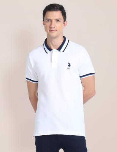 Image of U.S. POLO ASSN. Solid Slim Fit Polo T Shirt for Men - 100% Cotton, Half Sleeves Mens Tshirt - L, White