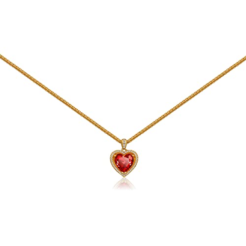 Cowlyn Forever Love Heart Pendant Necklace Simulated Birthstone Crystals Red Love Cubic Zirconia 18K Gold Rope Chain Dainty Charm Birthday Valentine Mother's Day Jewelry For Women Girls #TOP6
