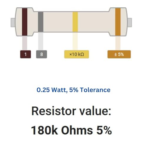 Image of 180k Ohm Resistor 1 /4W 5% Tolerance, Pack of 100 (180k Ohm)