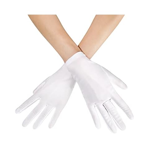 Womens White Gloves Short Satin Stretchy Gloves Wrist Length Dancing Gloves Bridal Gown Gloves for 1920s Wedding Opera Party Adult Size Cover