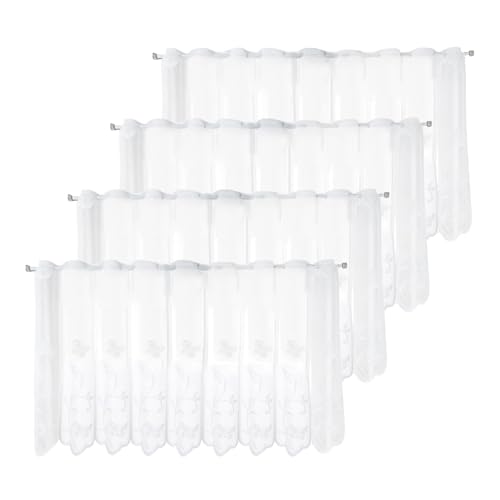 Juego de 4 visillos de cocina, color blanco semitransparente, cortinas de cocina con flores de mariposa, bordados cortos, modernas, para salón, pequeñas ventanas