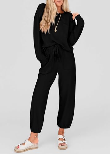 KIRUNDO Lounge Sets for Women 2025 Fall Travel Airport Outfits Ribbed Knit Tops Jogger Pants Tracksuit Postpartum Comfy Set3