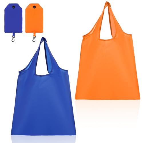 2 bolsas de compras plegables en una bolsa, bolsas grandes reutilizables con asas, bolsa plegable lavable a máquina para cocina, al aire libre, viajes, suministros diarios, color naranja y azul