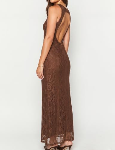 Image of Elegant Lace Floral V Neck Backless Bodycon Dresses for Women Sexy Cut Out Low Back Sleeveless Maxi Dress Wedding Guest