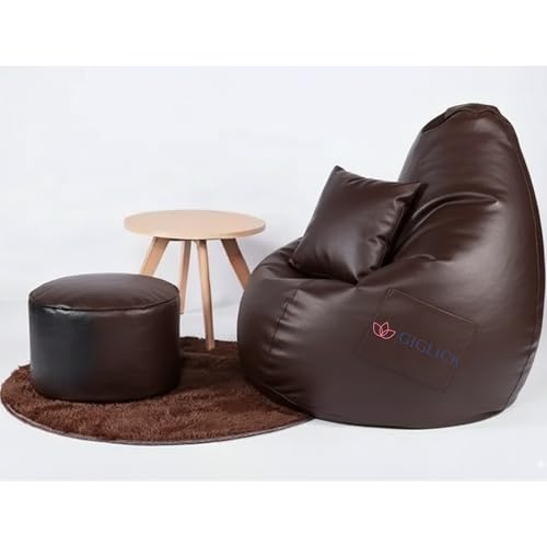 Image of 4XL Bean Bag Chair with Footrest & Cushion | Pre-Filled Beans | PVC Leatherette Lounger Sofa | Indoor & Outdoor Bean Bag with Pocket & Handle | Double Stitching | 6 Months Warranty Color- (Brown)