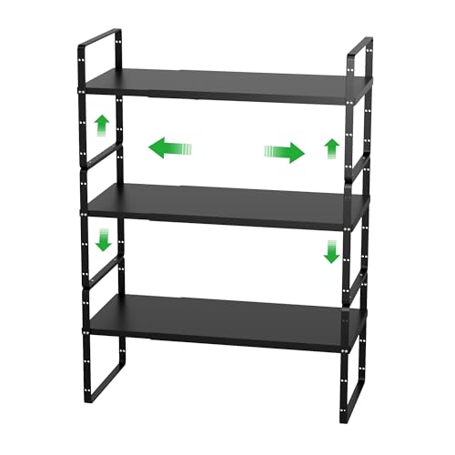 Cabinet Organizer Shelves,Expandable Cabinet Spice Racks,Stackable Pantry Counter Under Sink Shelves, Storage Shelves for Kitchen,Home,Office,3 Packs,10.24" D,Black