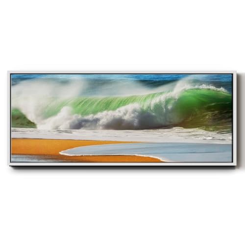 Renditions Gallery Floater Framed Home Decor Green Ocean Waves Painting Canvas Wall Hangings for Office Bedroom Kitchen Lobby - 20"x50" White Frame LT618