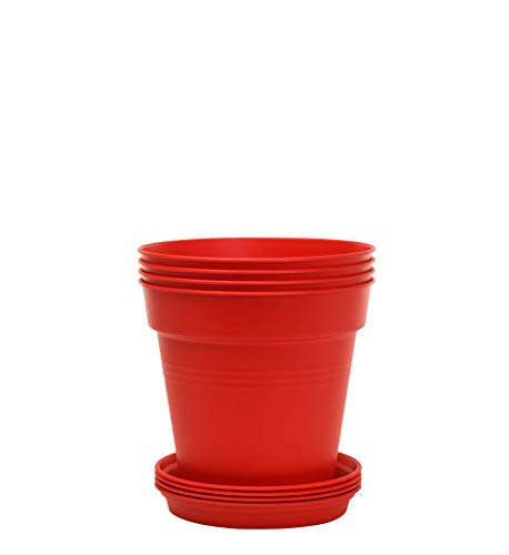 Mintra Garden Pots, 4 Pack Bulk Plastic Plant Pots with Drainage Tray, Round Indoor & Outdoor Decorative Planters with Drain Holes for Flowers, Herbs & Plants, 11cm Diameter – Red, 4.3 in