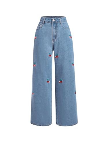 WDIRARA Women's Cherry Embroidered Jeans Y2k Straight Leg High Waist Boyfriend Denim Pants