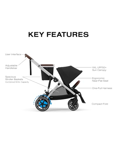 Cybex e-Gazelle S Electronic Assist Stroller – Gazelle S Single-to-Double Electric Stroller, Smart Assist, Rocking Mode, 20+ Configurations & Compact Fold, Moon Black with Silver Frame
