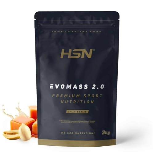 Batido de Carbohidratos y Proteínas Vegetariano de HSN Evomass 2.0 | Sabor Cacahuete y Caramelo 3 Kg = 30 Tomas por Envase | Whey Protein y Proteína de Leche | Textura Cremosa | No-GMO, Sin Gluten