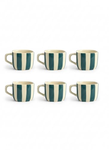 Image of DATA Ceramic Zen Stripes Hand Painted Coffee Mugs in Dark Green Lines, Set of 6, 199 Ml
