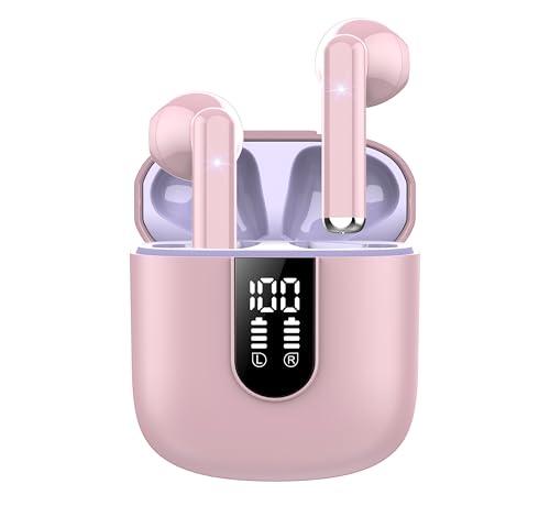 Jesebang Wireless Earbuds, Bluetooth 5.4 Headphones HiFi Stereo, Bluetooth Earbuds with ENC Noise Cancelling Mic, 36H LED Display Ear Buds, IPX7 in Ear Earphones for Phone Tablet Laptop Sports, Pink