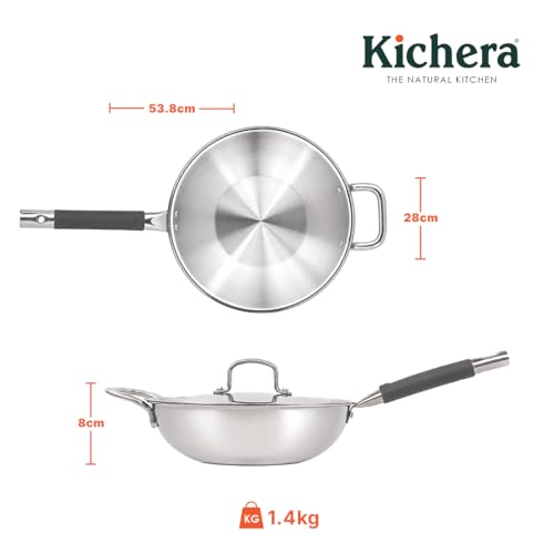 Image of Kichera Triply Stainless Steel Wok Pan 26cm (2.8L) - Heavy Duty, Naturally Non-Stick Kadhai with Riveted Handle | Induction & Gas Compatible | 100% Food Safe, Rust-Free & Durable Cookware