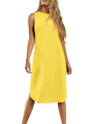 Image of Dyexces Summer Dress for Women Crew Neck Short Sleeve Solid Basic T-Shirts Casual Midi Dresses with Pocket