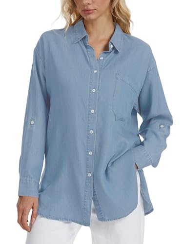 Women's Denim Button Down Shirt Long Sleeve Relaxed Fit Chambray Top Lightweight Lyocell Blouse (Light Blue,XL)