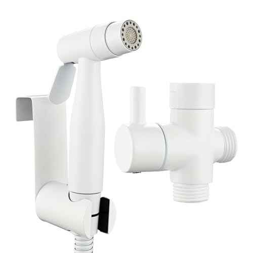 Tecmolog Douchette WC Kit Complet en Acier Inoxydable avec Douchette Toilette 2 Jets et G1/2 Robinet WC 3 Voies, Blanc, WS024AWF