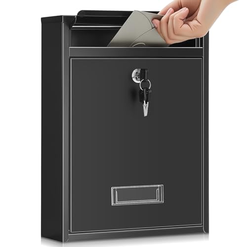 Image of Yaocom Wall Mount Mailboxes for Outside 13.8 x 9.5 x 3.3 Inches Large Vertical Mailbox with Key Locking Outdoor Metal Steel Mail Drop Security Hanging Secure Postbox for Home Office School, Black