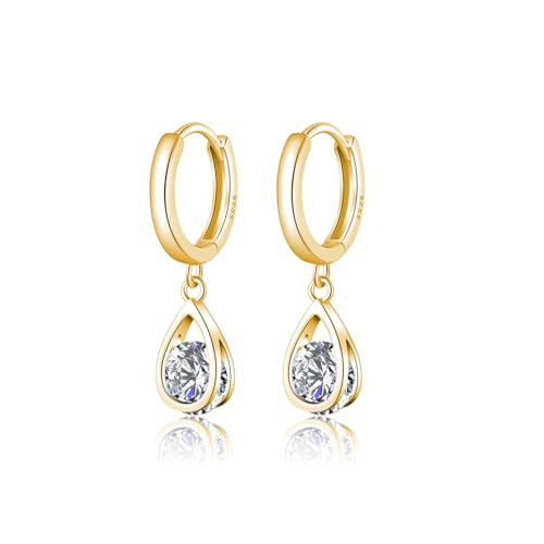 SLUYNZ Sterling Silver CZ Hoop Earrings Drop for Women Teens Sparkly Teardrop Huggie Earrings Simulated Diamond Earrings