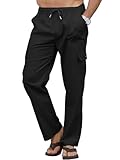 Aisprts Men's Linen Trousers Loose Fit Cargo Trousers with Adjustable Drawstring Elastic Waist, Summer Casual Pants for Outdoor, Travel & Everyday Wear, Black, XL