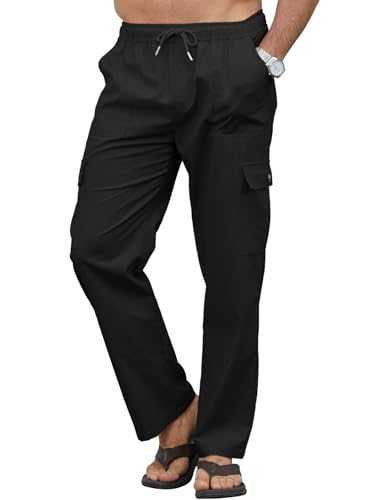 Image of Aisprts Men's Linen Trousers Loose Fit Cargo Trousers with Adjustable Drawstring Elastic Waist, Summer Casual Pants for Outdoor, Travel & Everyday Wear, Black, XL