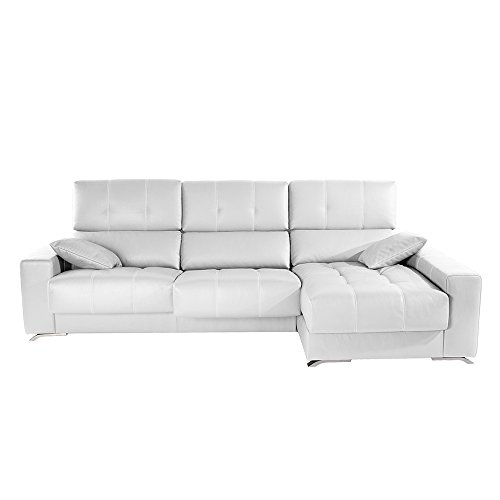 Zendo Divani Barton divano destra con 2 scorrevoli sedie lunghe, Pelle, Bianco, 284 x 166 x 97 cm