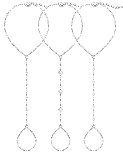 3PCS 14K Silver-Plated Hand Chain Bracelets for Women Dainty Ring Bracelet Hand Chain