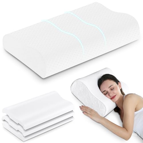 Elviros Almohada Cervicales y Cuello de Memory Foam Altura Ajustable, Almohada Cervical Ortopedica Ergonómica para Dormir de Lado y Boca Arriba, Funda Transpirable y Desenfundable,60×35.5×13,5/11.5cm