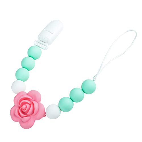 Pacifier Clip Holder Baby Teether,2 in 1 Universal Soother Holder Adapter, Teething Beads Soothie Holder for Girls Boys,Infant Shower Toy,Chewable Silicone Rose (White,Green,Pink Roses)