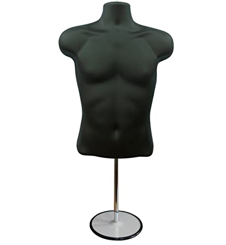 MALE BLACK MANNEQUIN FREESTANDING 3QTR BODY FORM TOP TABLE WITH ROUND STAND