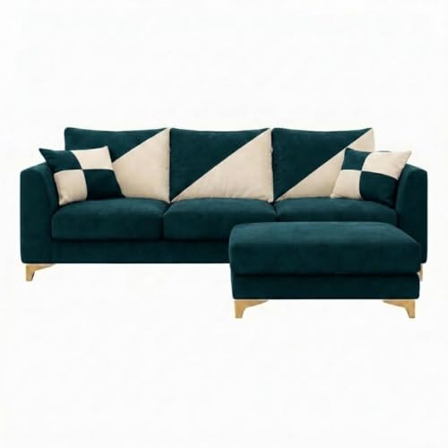 Image of Juliet Rich 4 Seater L Shape Sofa Set with Movable Ottomans | Flexible Layout | Velvet Suede Fabric | Golden Aesthetic Legs | Modern Sofa for Living Room (Greenish Teal)